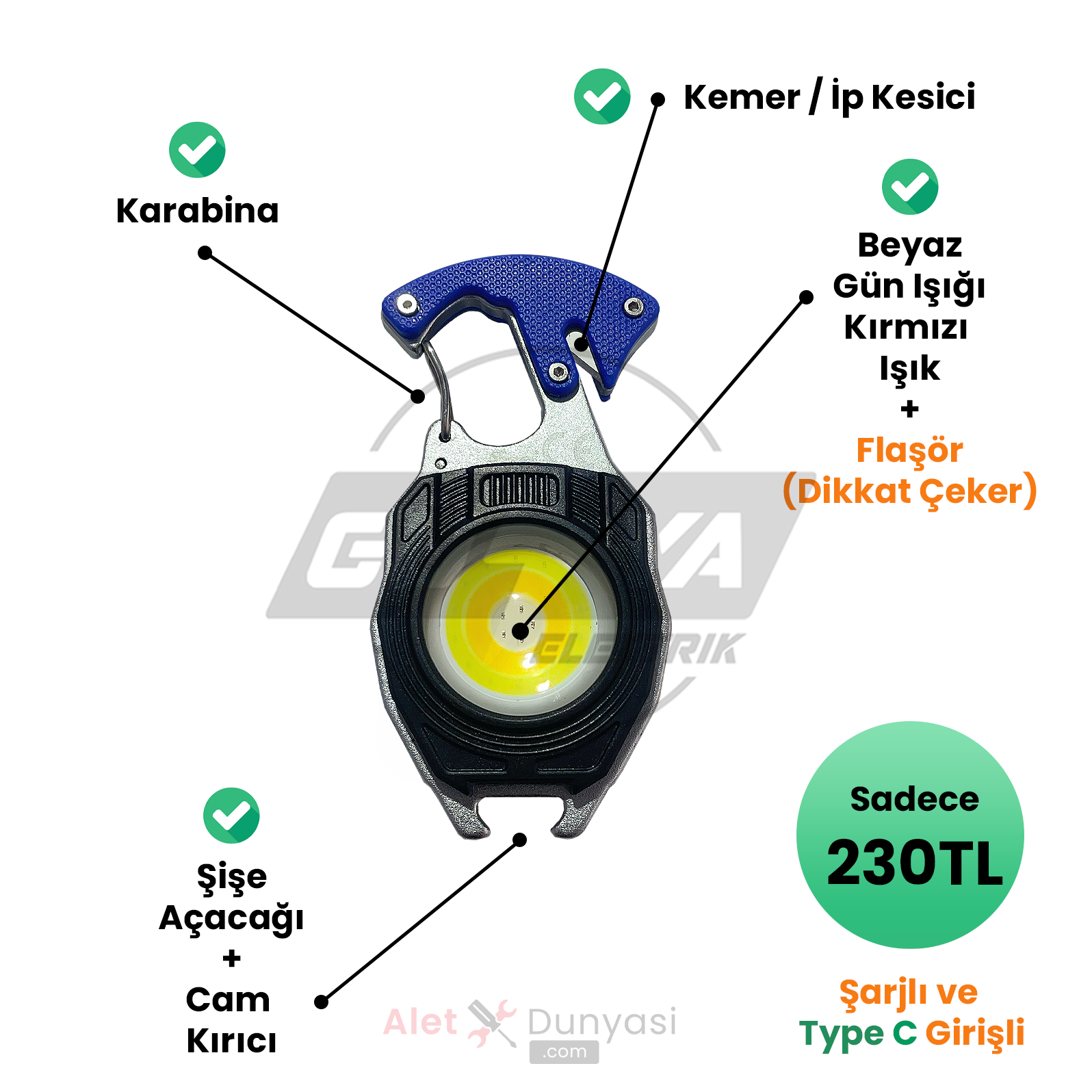 Yage / 7 Fonksiyonlu Şarjlı Çok Amaçlı Alet / Fener / Düdük / Kesici / Şişe Açıcı / Flaşör / Tornavida / Çakmak