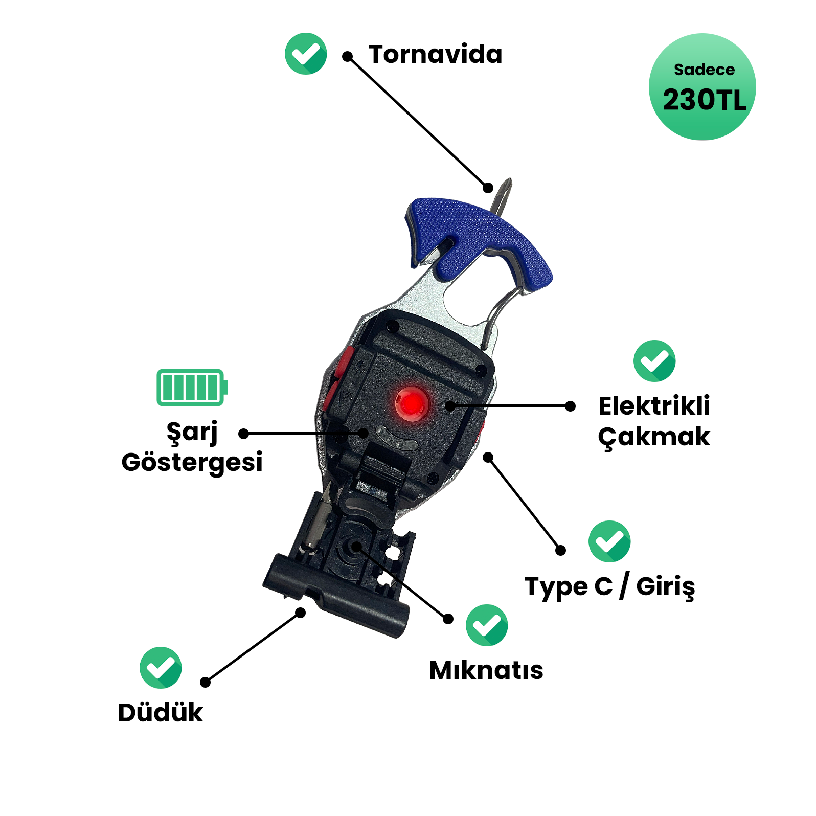 Yage / 7 Fonksiyonlu Şarjlı Çok Amaçlı Alet / Fener / Düdük / Kesici / Şişe Açıcı / Flaşör / Tornavida / Çakmak