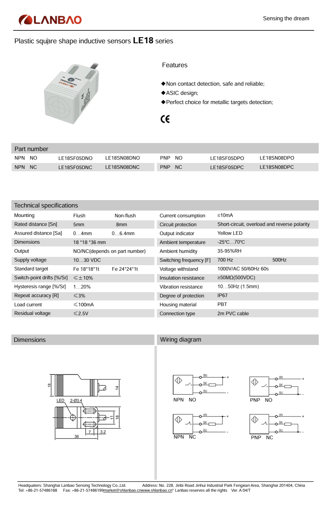 Lanbao LE18TSN08DPC-7M Endüktif Yaklaşım Sensörü