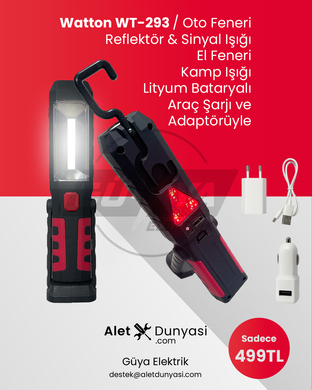 Watton wt293 Reflektörlü / Askı Aparatlı / Mıknatıslı / Şarjlı Lityum Bataryalı / Şarj Aleti + Araç Şarjı / Oto Feneri